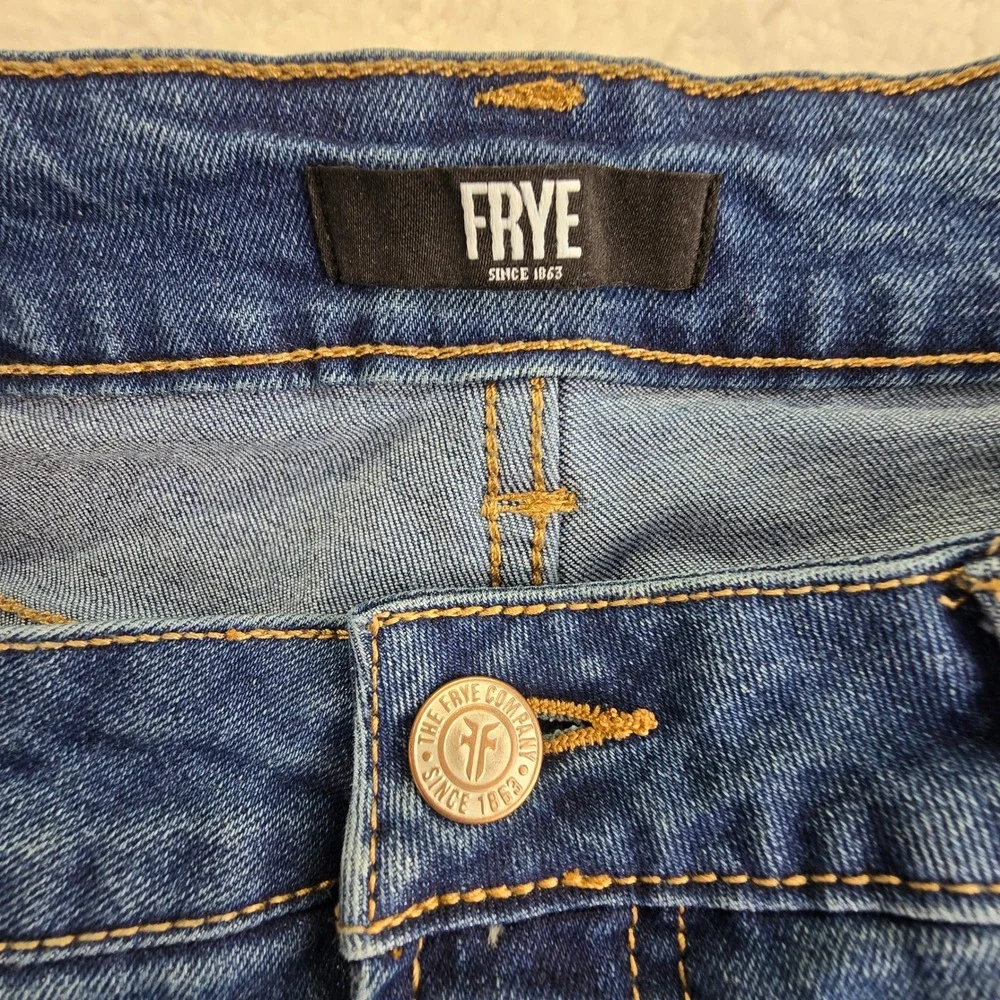 Frye Straight Stretch Womens Jeans Sz‎ 10 33x27 Dark Festival Western Logo Denim